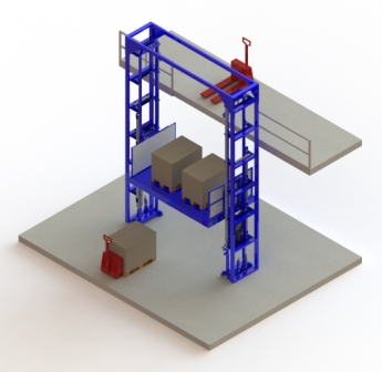 Este es un esquema de un elevador de carga. La imagen se puede interpretar también como montacargas o transportador vertical.